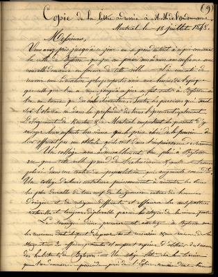 Copie d’une lettre écrite à la main à l’encre noire, en français. L’écriture est soignée, mais la lettre est difficile à lire, car le verso se voit au travers. Le papier est jauni.