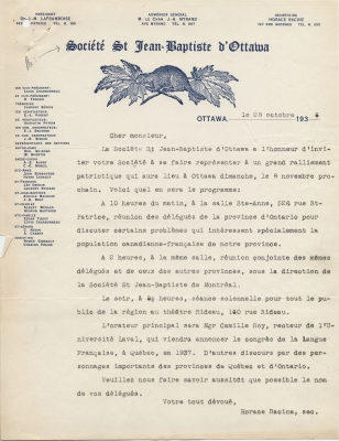 Lettre dactylographiée à l’encre bleue, en français, sur papier à en-tête de la Société Saint-Jean-Baptiste et signée par le secrétaire de la Société. L’en-tête met en vedette le logo de l’organisme et inclut, à la gauche de la page, une liste des membres du conseil d’administration ainsi que des représentants de section.