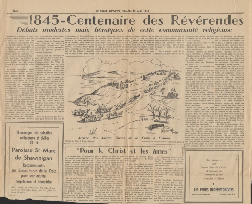 Articles de journal, imprimés en français. Les titres et le sous-titre apparaissent en gras. Les articles ne sont pas signés. Le premier article est accompagné d’un dessin de personnages en bogheis, qui se dirigent vers une église sur une colline. Le deuxième article est accompagné d’un dessin d’un complexe d’édifices religieux. Le troisième article est accompagné d’une photographie en noir et blanc d’une religieuse d’âge mûr.