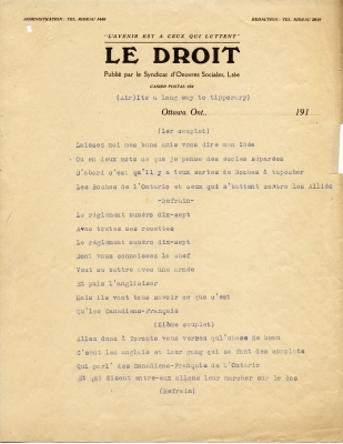 Text typewritten in French on Le Droit newspaper letterhead. The lyrics are written in blue ink, with the rest of the text in black ink.