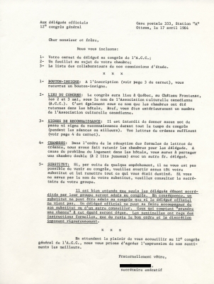 Text typewritten in French. The sheet presents a numbered list of instructions with section titles underlined in uppercase. A section on substitutes and accompanying persons is entirely underlined. The letter is signed by the Executive Secretary of the A.C.C.