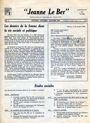 Bulletin imprimé, en français. Le titre, le lieu d’édition et d’autres renseignements sur la publication ainsi que le logo de l’organisme-parrain sont placés en haut de la page couverture. Deux textes figurent sous l’entête. Au bas de la page, un programme d’études sociales sur les devoirs de la femme dans la vie sociale et politique.