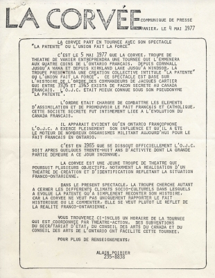 Communiqué de presse imprimé, en français. Le nom de l’organisme apparaît en gros caractères en haut de la page. Le corps du texte est inséré dans un rectangle et est écrit en lettres majuscules. Le nom et le numéro de téléphone de la personne ressource sont indiqués au bas du communiqué.