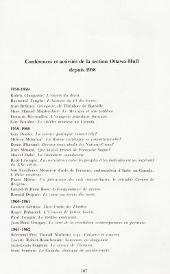 Liste dactylographiée, en français, organisée de façon chronologique. Le nom des conférenciers et le titre de leur communication apparaissent pour chacune des années académiques, indiquées en gras. Le titre du document est aussi en gras.