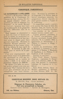Chronique paroissiale imprimée, en français. Les titres apparaissent en lettres majuscules et en gras. Les numéros de pages figurent en haut de la page. Des publicités pour des compagnies locales apparaissent au bas de chaque page.  Le papier est jauni.