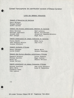Document typewritten in French. The main titles appear in uppercase and underscored letters. The list of names on the first page is organized by committee or by council. The fact sheet on the second and third pages describes the organization. Source, as well as address and phone number appear on the two first pages.