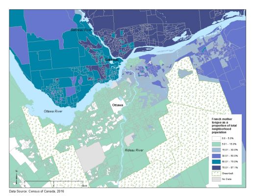 Colour map in mauve, green, white and gray, with title, legend and source typed in French. The colours vary from pale to dark depending on the proportion of the population with French as first language of the overall population in the neighbourhood. The highest percentage of Francophones is found in Gatineau (dark purple), as well as the eastern section of the greater Ottawa area (Vanier, Orléans).