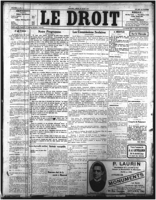 Page-titre du journal Le Droit. Le nom du journal figure en haut au centre de la page, en caractères de grande taille. Des informations sur les abonnements et les autres services du journal sont disposés de part et d’autre du titre. La page est montée sur cinq colonnes, réservées à des articles différents. Le type de caractères diffère selon les articles.