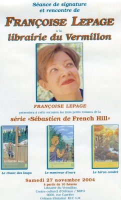 Publicité en couleur, en français. En haut de l’affiche, le nom et la photo d’une femme d’âge moyen, vue de trois quarts. Elle a les cheveux bruns courts.  Au bas de l’affiche, les couvertures de trois romans jeunesse et leur titre. Le nom de la série dont ils font partie est aussi inscrit. La publicité indique la date et le lieu de la rencontre.