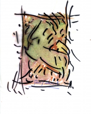 Œuvre d’art abstraite en vert, jaune et rose, marquée de traits noirs, sur fond blanc. Signature et date en bas au centre : « Pierre Pelletier 78 ».