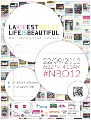 Affiche en couleur, avec texte imprimé en français et en anglais. Sur un fond blanc, une série de petits tableaux sont présentés; des lettres de différentes couleurs sont placées en surimpression. Les renseignements sur l’événement sont répartis dans quatre bulles blanches. Les logos des commanditaires figurent au bas de l’affiche.