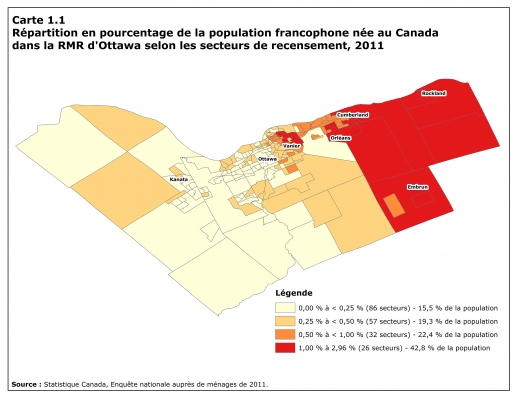 Carte en quatre couleurs de rouge avec titre, légende et source dactylographiés en français. La teinte varie du plus pâle au plus foncé en fonction de l’importance du pourcentage de la population francophone née au Canada. Les plus hauts pourcentages des francophones en rouge foncé se retrouvent dans l’est de la grande région d’Ottawa (Vanier, Orléans, Rockland, Embrun).