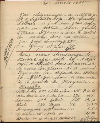 Journal manuscrit en français dans lequel l'auteur note ses dépenses et d'autres faits de sa vie quotidienne. La date est inscrite en haut de chaque page et des mots clés sont inscrits dans les marges.