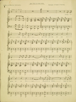 Partition de musique, avec paroles imprimées, en français. Partition en clé de sol pour chanteur et piano.