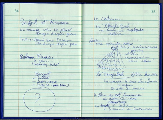 Pages d’un cahier de notes, en français. Texte écrit à la main et dessins à l’encre bleue sur papier ligné, dans un carnet bleu. Sur la page de droite, le dessin d’une robe surdimensionnée. Les pages sont numérotées.