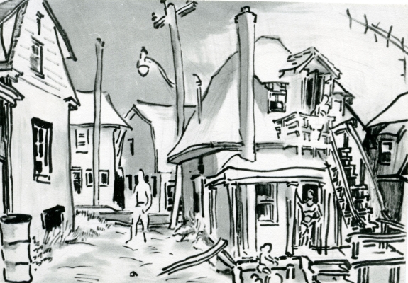 Dessin en noir et blanc représentant un quartier résidentiel. Au centre de l’œuvre, une maison à deux étages avec un escalier extérieur qui rejoint le premier étage. Des personnages esquissés se tiennent en haut de l’escalier, sur le seuil de la maison et dans la ruelle à côté de la maison. Un enfant passe à bicyclette devant la maison.