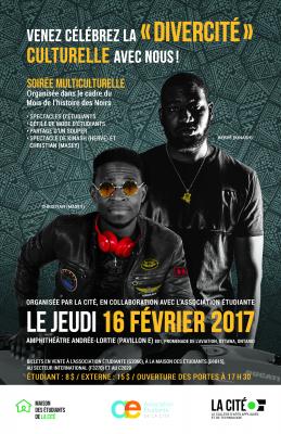 Affiche en couleur dont l’élément clé est la photographie de deux jeunes hommes noirs vêtus de façon décontractée en noir. Le texte de l’affiche est dactylographié en français. Au bas de l’affiche figurent les logos de trois organismes de la Cité collégiale. Le fond de l’affiche est composé d'un patron de l’art tribal africain aux tons gris et gris foncé.