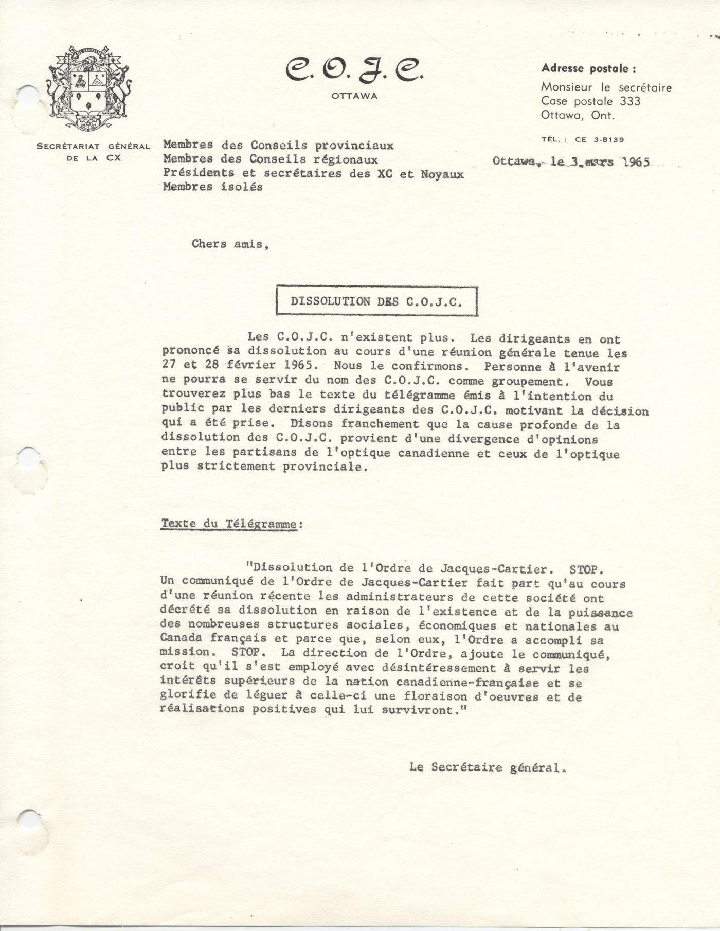 " Text typewritten in French, on letterhead of the Commandeurs de l'Ordre de Jacques-Cartier (COJC), with the Order’s coat of arms in the top left corner. The document includes the transcription of a telegram from the OJC. It is signed by the Secretary General of the Order."