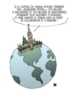 Dessin en couleur avec texte imprimé, en français. L’image illustre un globe terrestre et des continents sans frontières. L’édifice du Parlement du Canada figure au nord des Amériques. Une bulle de texte est rattachée à l’édifice.
