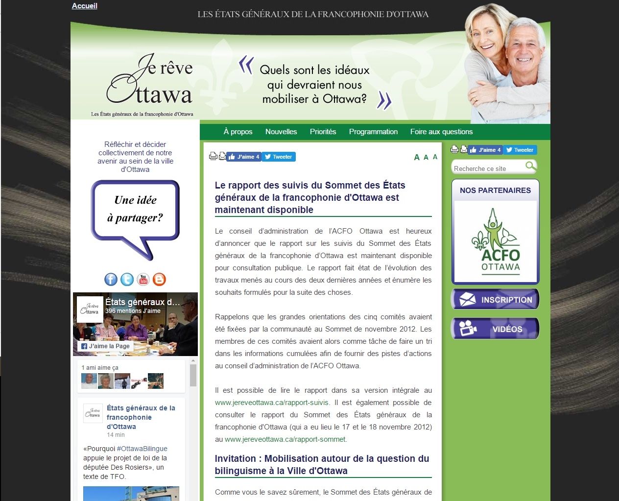 Web page screen capture. Main page of a website, including tabs for navigation, assorted information, photos, search tool, and feedback element. Arranged in three columns, on a green background, under a heading with the slogan “Je rêve Ottawa.”