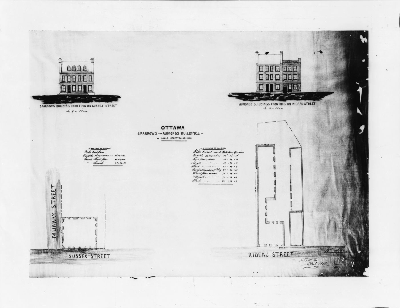 Plans d’architecte en noir et blanc montrant le fronton d’un édifice à trois étages et le plan du sol. Les dimensions de l’édifice sont inscrites à la main en anglais.