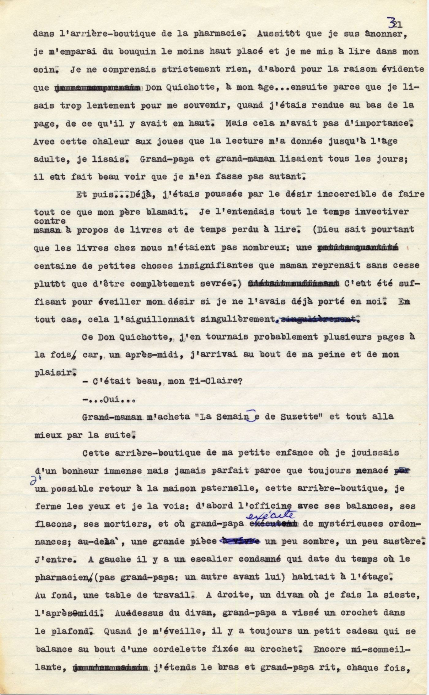 Manuscript typed in French, with handwritten corrections in blue ink. It includes four paragraphs, as well as a short section of dialogue.