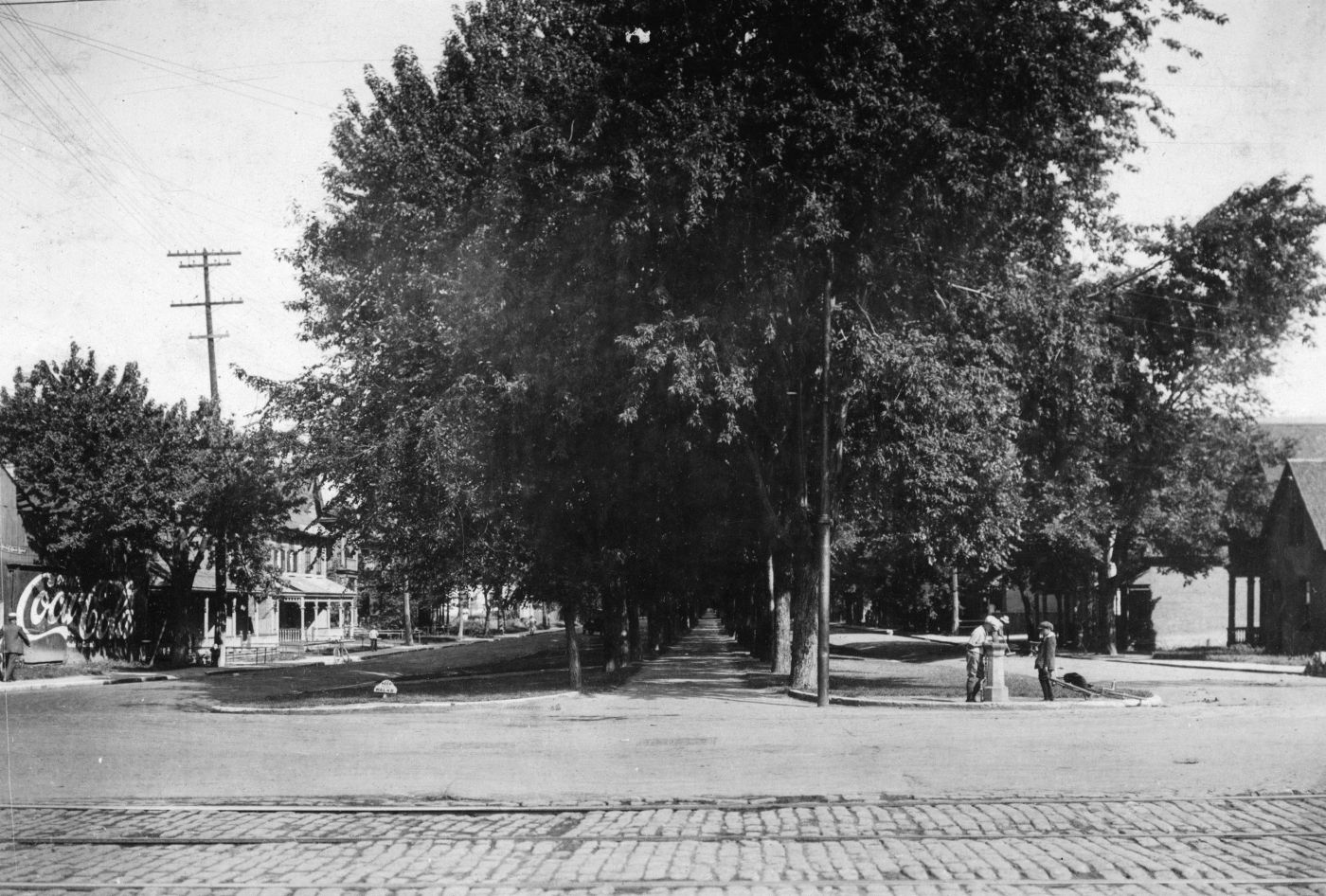 Photographie en noir et blanc d’un boulevard à deux voies, séparé par une travée de grands ormes. Des maisons bordent la rue. Deux jeunes boivent à une fontaine.