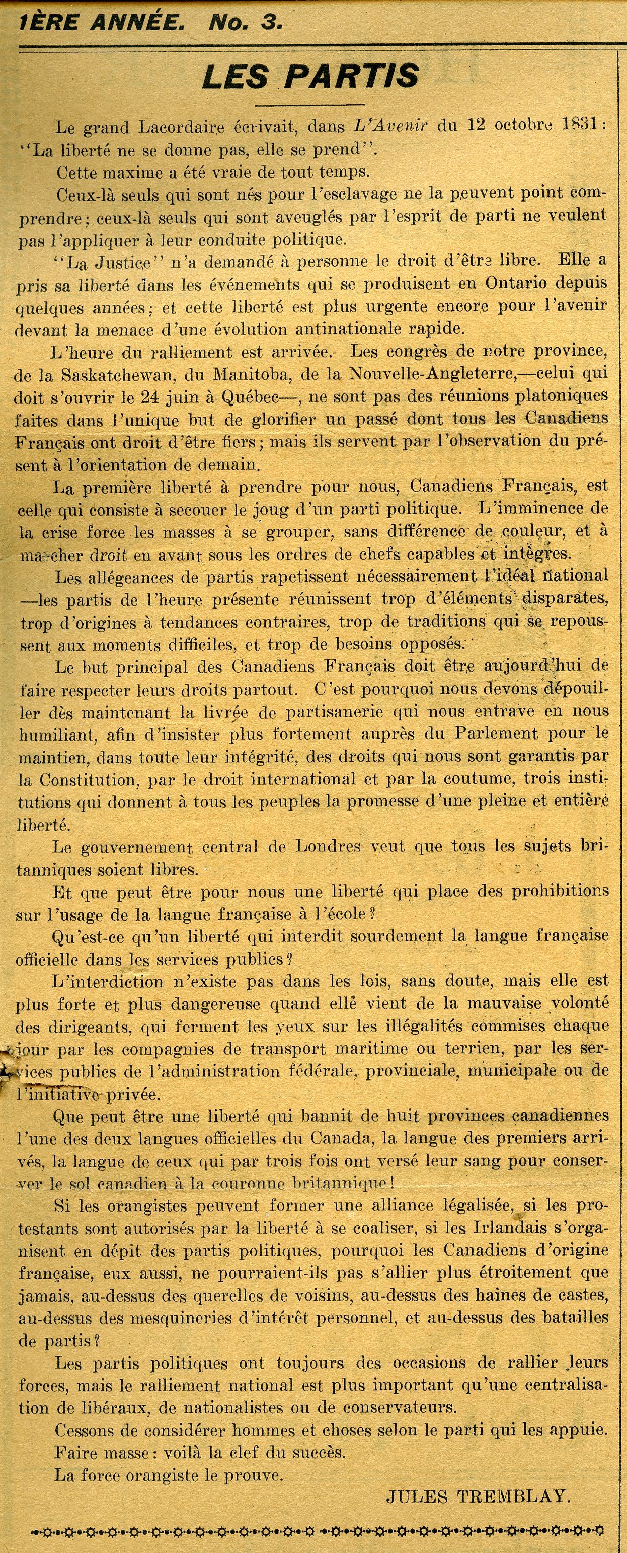 Article de journal imprimé. Le titre apparaît en lettres majuscules et en gras. Le texte est disposé sur une seule colonne. L’article est signé. Le papier est jauni.