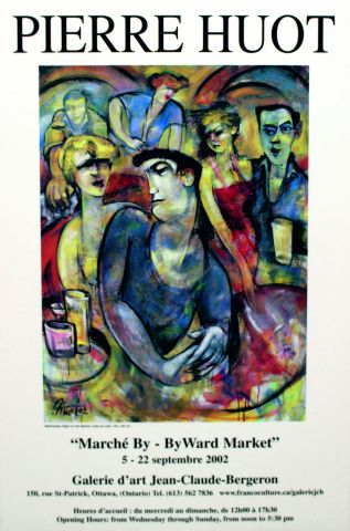 Affiche en couleur, avec texte imprimé en français, composée d’une reproduction, sur fond blanc, d’un tableau abstrait représentant trois hommes et trois femmes dans un bar dansant. Le nom de l’artiste figure en gros caractères en haut de l’affiche.  L’annonce de l’exposition figure sous le tableau.