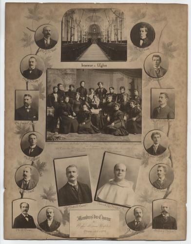 Tableau composé de quatorze photographies prises en studio. Des hommes, dont les noms figurent sous le cadre rond ou carré qui entoure chaque photographie. Au centre du tableau, les photographies de l’intérieur d’une église, d’un groupe d’une quinzaine de femmes disposées sur trois rangées, d’un homme et d’un religieux. Au -dessous, une indication : « Membres du chœur de l’église Saint-Jean-Baptiste, Ottawa, octobre 1898 ».