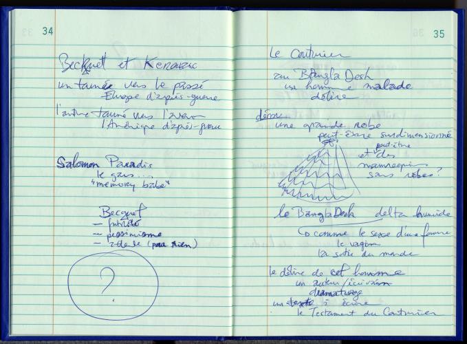 Pages d’un cahier de notes, en français. Texte écrit à la main et dessins à l’encre bleue sur papier ligné, dans un carnet bleu. Sur la page de droite, le dessin d’une robe surdimensionnée. Les pages sont numérotées.